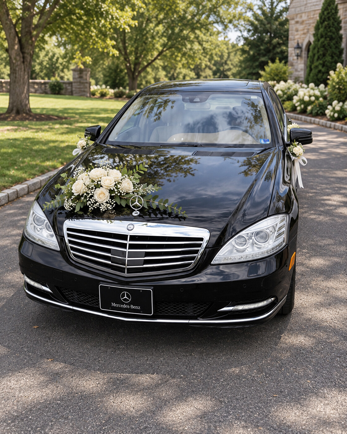 Black luxury Mercedes decorated with white wedding flowers