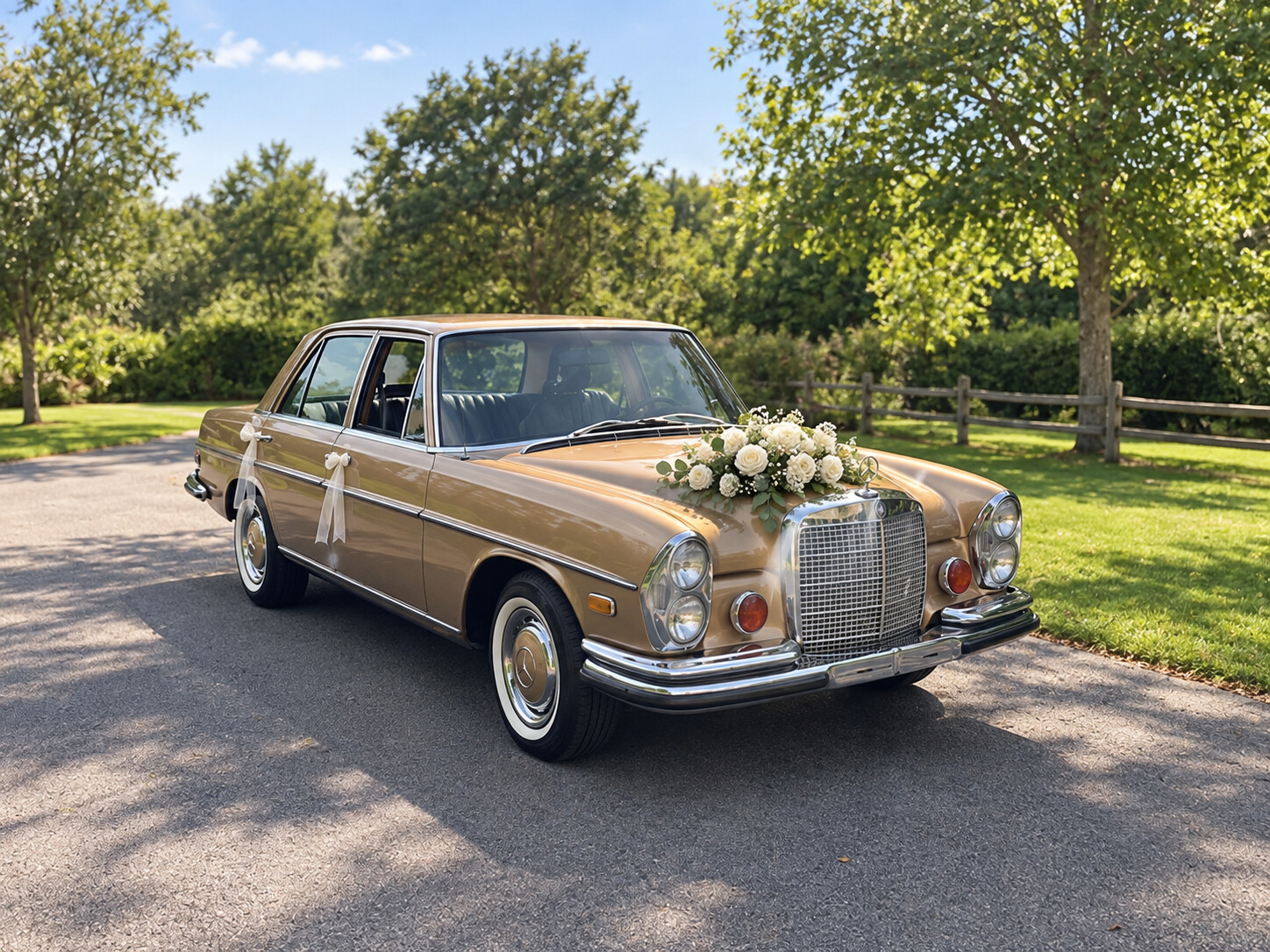 Gold classic Mercedes 280SE decorated for a wedding