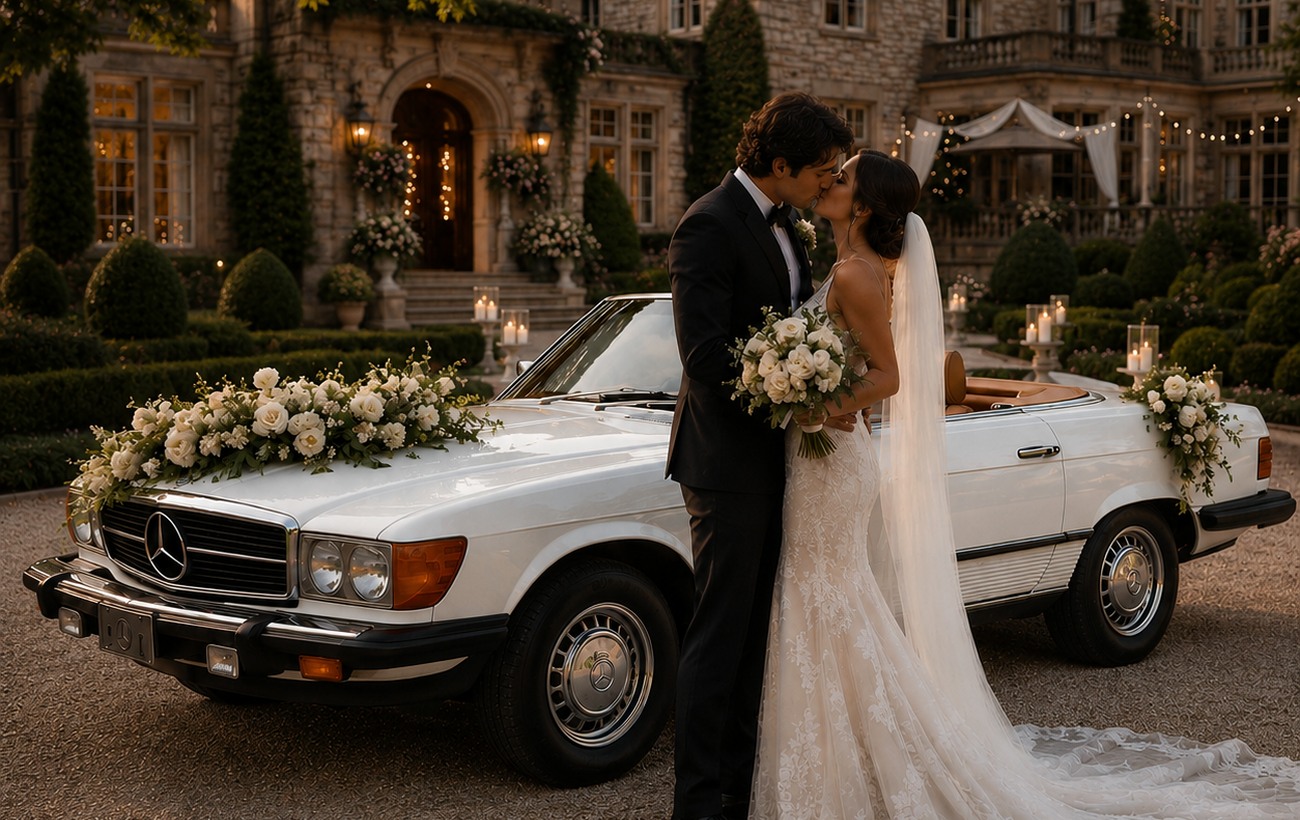 White classic Mercedes convertible with bride and groom at an estate wedding