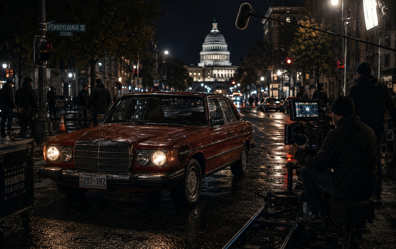 Red classic Mercedes on a night film production set