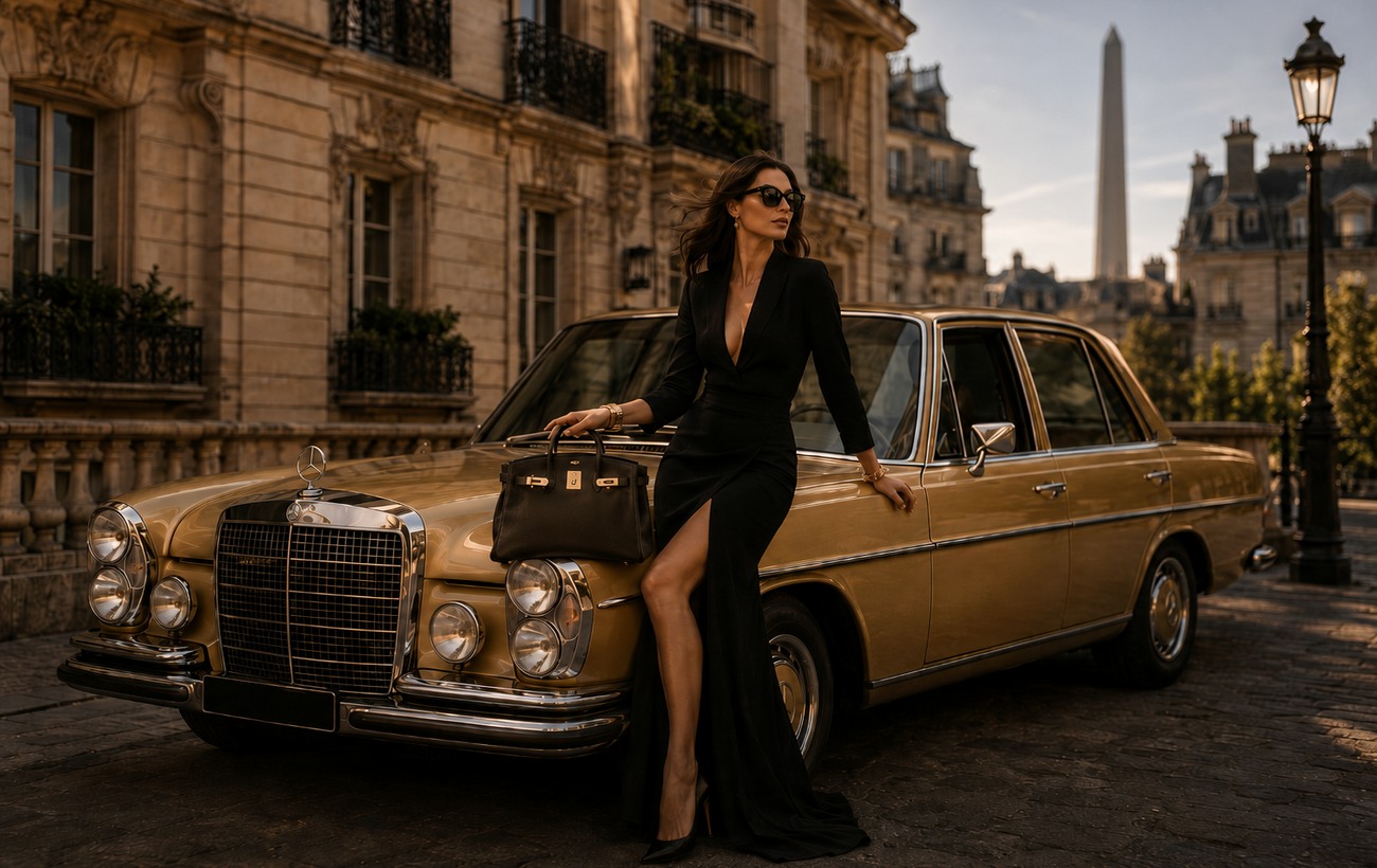 Gold classic Mercedes in an editorial luxury photoshoot